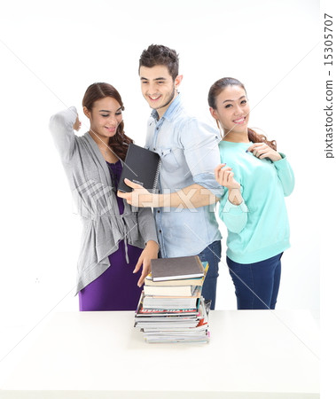 Male female stand hold book stack Male female stand hold book stack 15305707