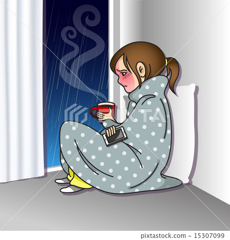 sad girl with mobile phone and coffee cup 15307099