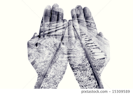 double exposure of man hands and railway 15309589
