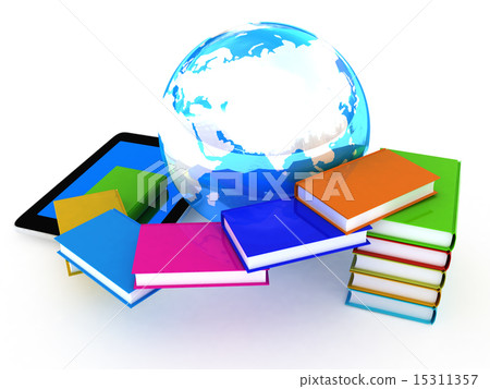 tablet pc and earth with colorful real books tablet pc and earth with colorful real books 15311357