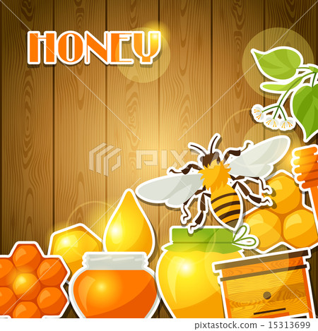 Background design with honey and bee stickers 15313699