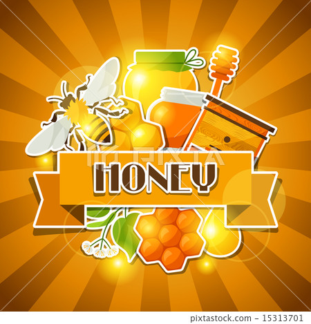 Background design with honey and bee stickers 15313701