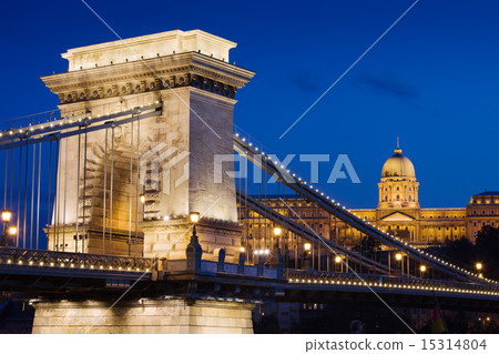 Chain Bridge and Buda Castle at Night in Budapest 15314804