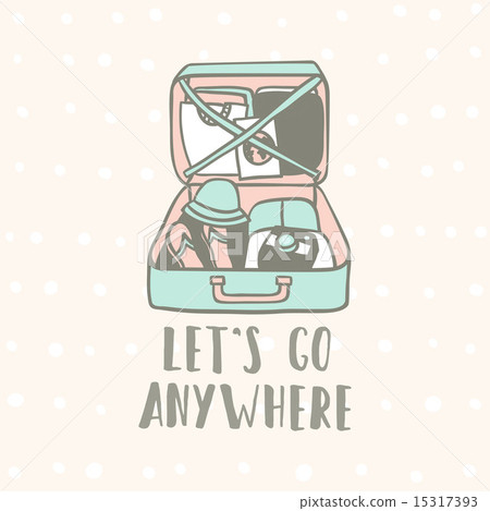 Lets go anywhere. Suitcase with clothes, flip flops, camera and guide. 15317393