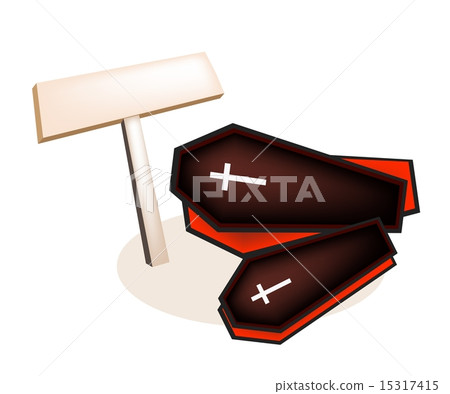 Illustration of Black Coffins with Wooden Placard 15317415