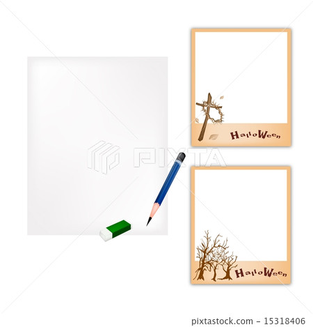 Pencil and Halloween Photo Frame with Blank Paper 15318406