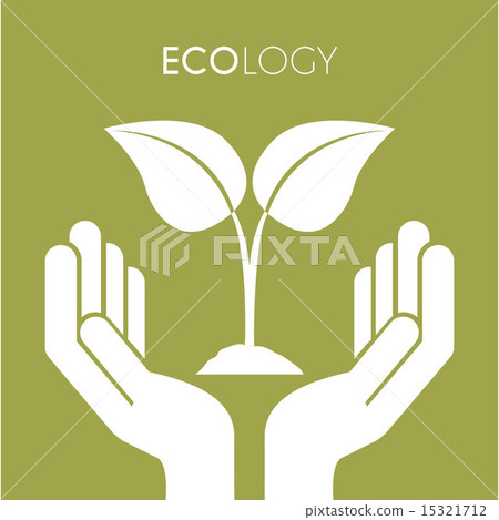 Two hands with leaves on green background... - Stock Illustration ...