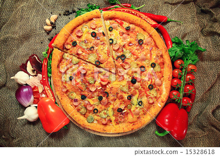pizza with a slice cut, delicious pastries pizza with a slice cut, delicious pastries 15328618
