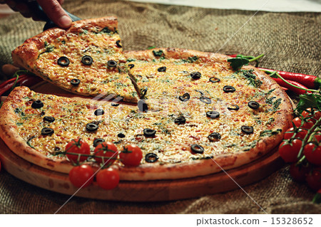 pizza with a slice cut, delicious pastries pizza with a slice cut, delicious pastries 15328652