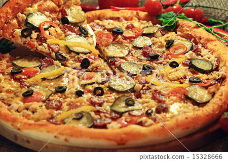 pizza with a slice cut, delicious pastries pizza with a slice cut, delicious pastries 15328666