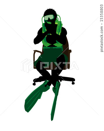 African American Scuba Diver Sitting On An Office Chair Illustration Silhouette 15358803