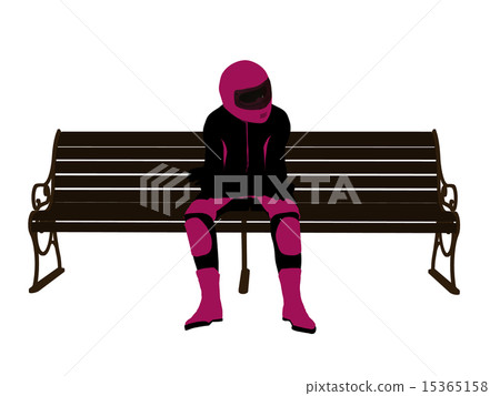 Female Motorcycle Rider sitting on a bench Silhouette Female Motorcycle Rider sitting on a bench Silhouette 15365158