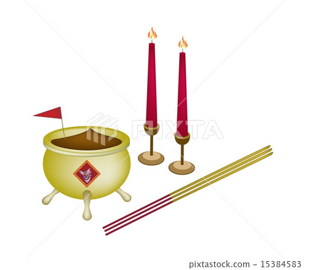 Red Candle and Joss Stick with Incense Burner 15384583