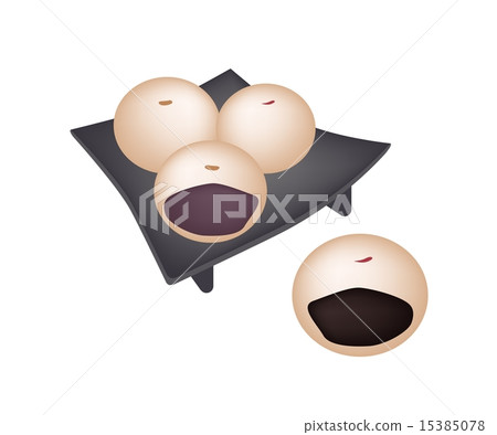 Japanese Confection of Manju on Black Geta Plate Japanese Confection of Manju on Black Geta Plate 15385078