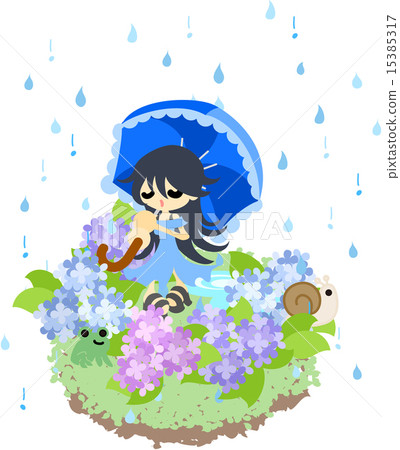 The rainy season, a girl watching hydrangea flowers 15385317