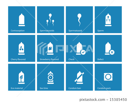 Condom pack icons on blue background. 15385450