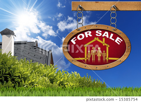 House For Sale Sign - Wooden Meter with Family 15385754
