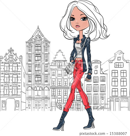 Vector beautiful fashion girl in Amsterdam Vector beautiful fashion girl in Amsterdam 15388007