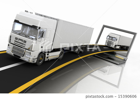 Trucks on freeway coming out of a laptop Trucks on freeway coming out of a laptop 15390606