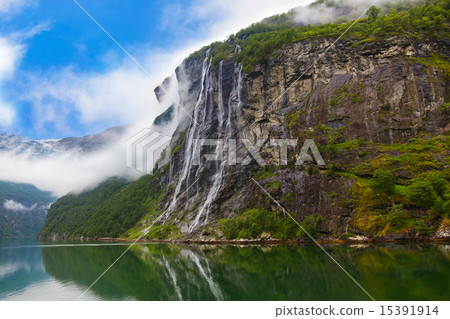 Waterfall in Geiranger fjord Norway Waterfall in Geiranger fjord Norway 15391914