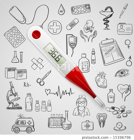 electronic thermometer and hand draw medicine icon electronic thermometer and hand draw medicine icon 15396796