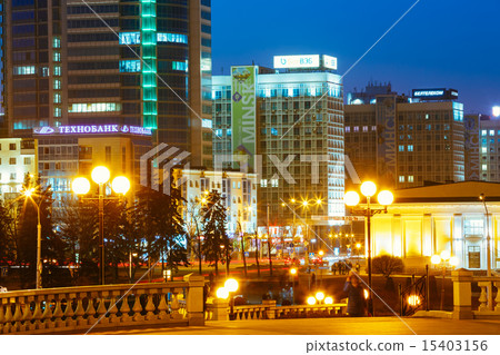Minsk At Night Scene Street. Buildings 15403156