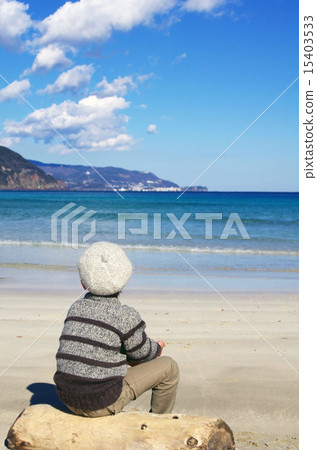 孩子們坐在浮木上看海 15403533