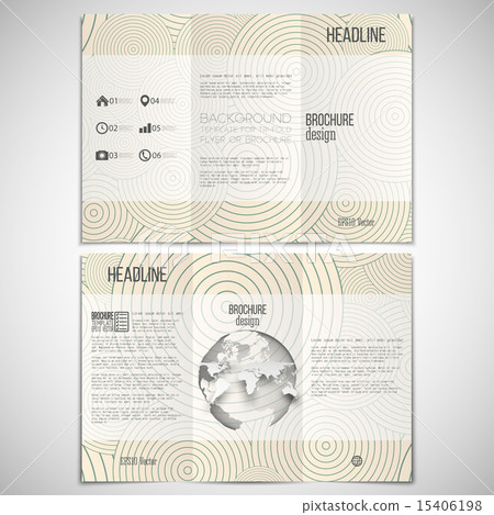 Vector set of tri-fold brochure design template on both sides with world globe element. Vintage 15406198