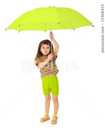 Child holds big green umbrella Child holds big green umbrella 15406424