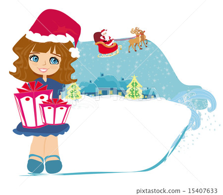 Happy little girl holding a gift from Santa Claus 15407633