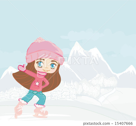 Happy little girl on skates on winter landscape 15407666