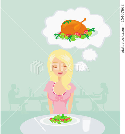 Thin girl is dreaming of a roast chicken 15407668