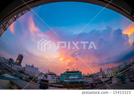 Bangkok cityscape in twilight, fisheye view 15413323