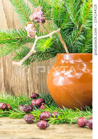 Bright christmas composition on wooden background Bright christmas composition on wooden background 15414419