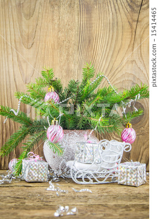 Bright christmas composition on wooden background Bright christmas composition on wooden background 15414465