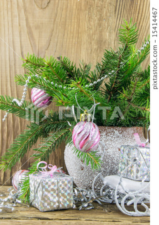 Bright christmas composition on wooden background Bright christmas composition on wooden background 15414467