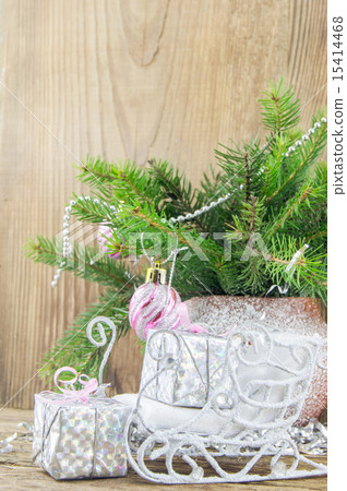 Bright christmas composition on wooden background 15414468