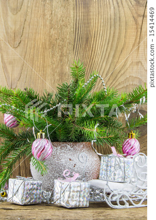 Bright christmas composition on wooden background 15414469