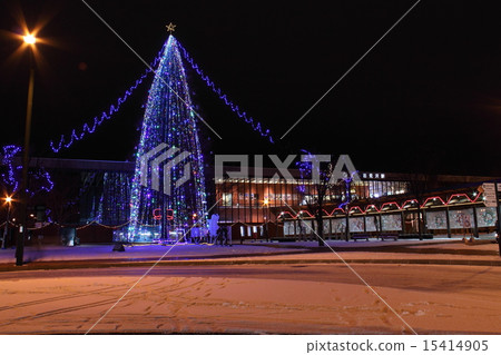 Christmas illumination in front of Iwamizawa station in winter Christmas illumination in front of Iwamizawa station in winter 15414905