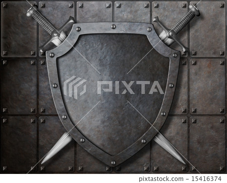 knight shield and two swords over armor plates  15416374