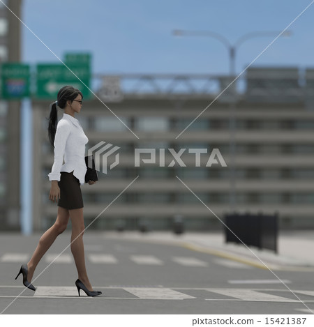  顯著地走在城市企業電燙的女商人 15421387
