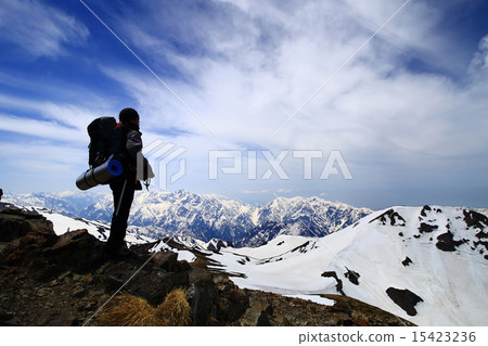 站立在Hakuba-dake頂部的登山人 站立在Hakuba-dake頂部的登山人 15423236