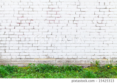 White brick wall and fresh green grass 15425313