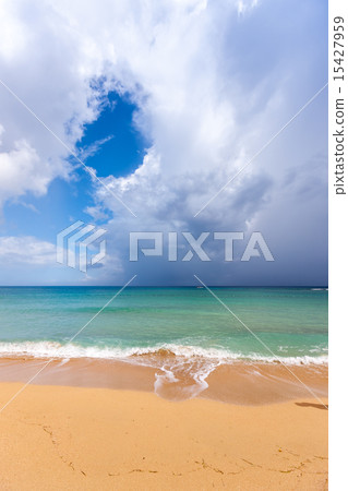 Beach on tropical island. Clear blue water, sand, clouds. Beach on tropical island. Clear blue water, sand, clouds. 15427959
