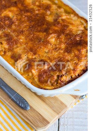 meat lasagna in the form of baking 15432526
