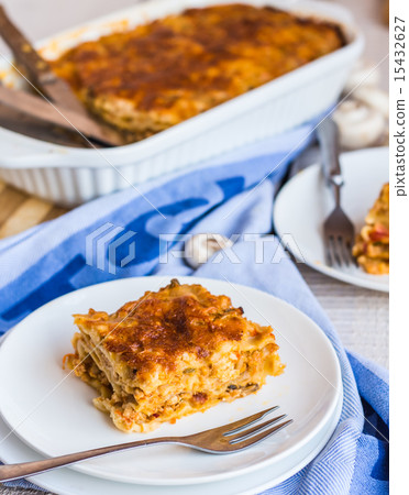 eating a piece of meat lasagna with mushrooms eating a piece of meat lasagna with mushrooms 15432627