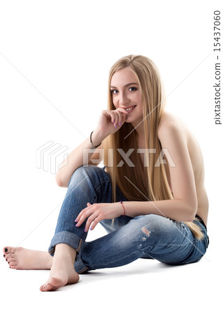 Smiling topless model advertises trendy jeans 15437060