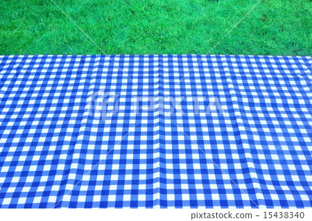 Empty Picnic Table With Blue White Tablecloth 15438340