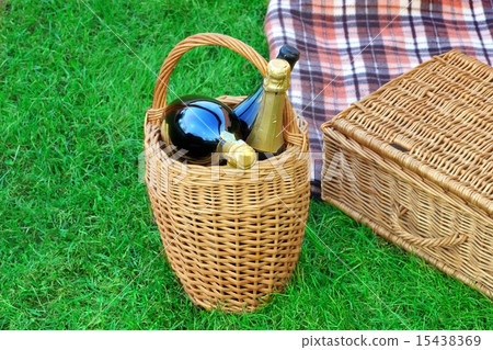 Basket With Champagne, Picnic Hamper And Blanket Basket With Champagne, Picnic Hamper And Blanket 15438369
