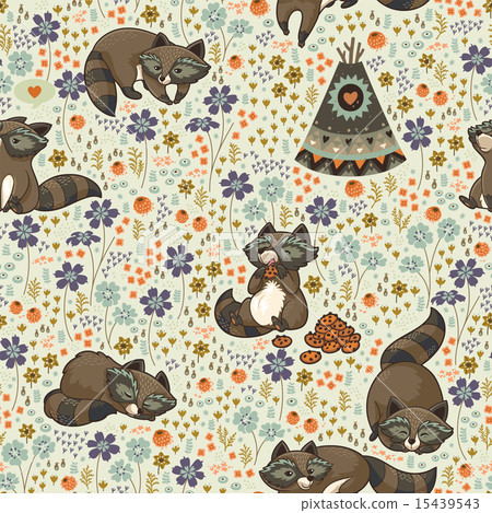 Vector seamless pattern with raccoons in cartoon style Vector seamless pattern with raccoons in cartoon style 15439543